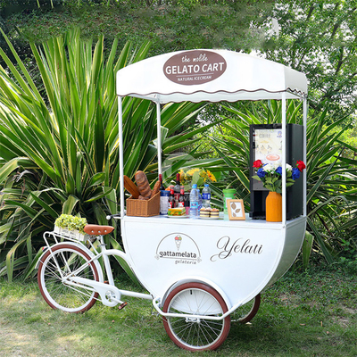 Cartone da caffè a 3 ruote, carrello da cibo, gelato, succo di frutta, carrello da caffè, bicicletta.