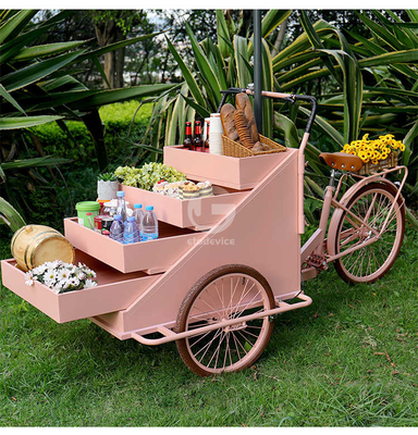 Carrello di vendita di cibo all'aperto con materia prima di soia e bicicletta elettrica a tre ruote