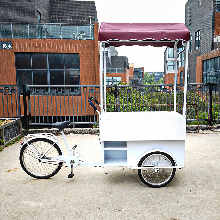 Triciclo mobile fast food all'aperto con congelatore per bevande fredde e supporto tecnico video